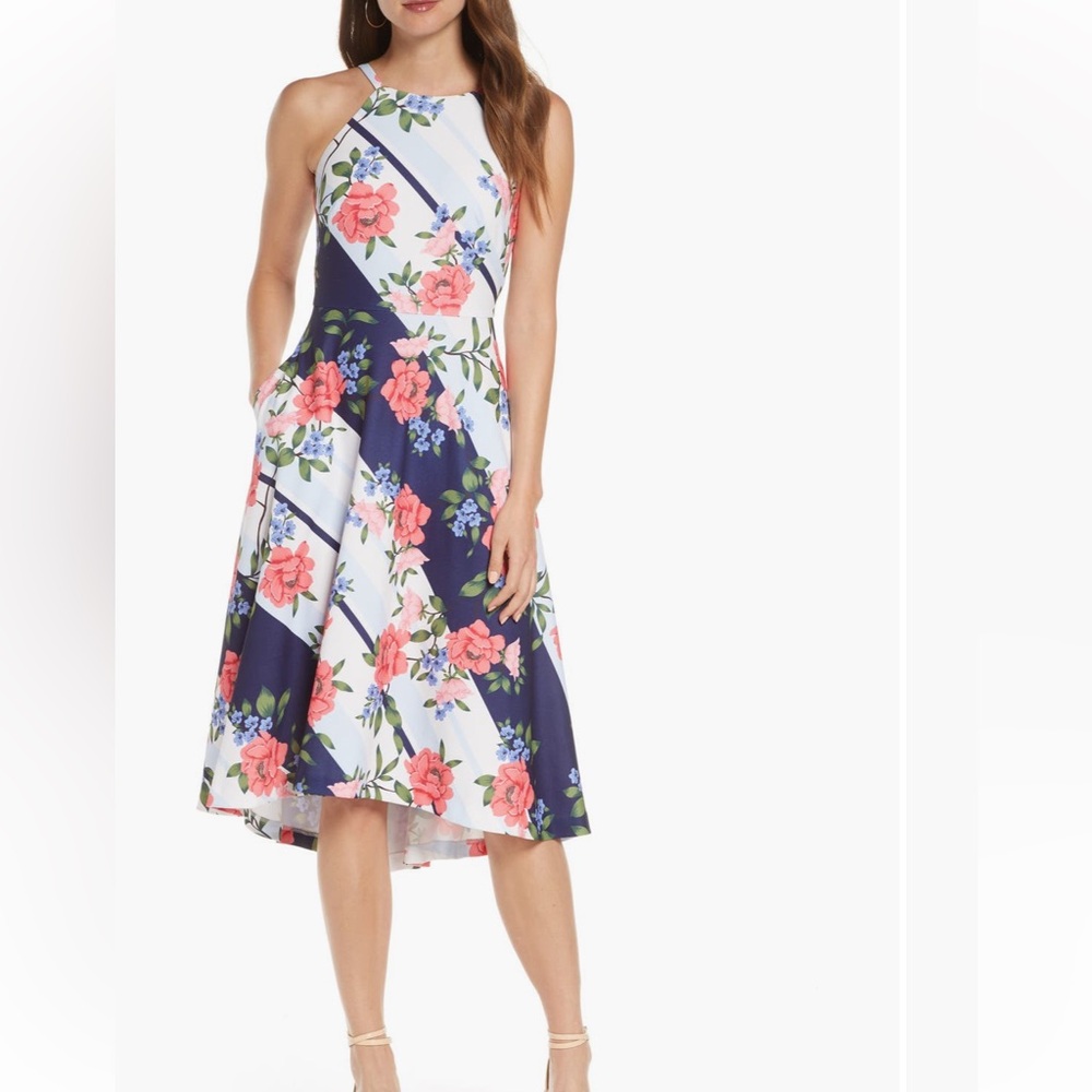 NWT Vince Camuto Floral Halter Neck A-Line Midi Dress Size 0 in Blue Multi